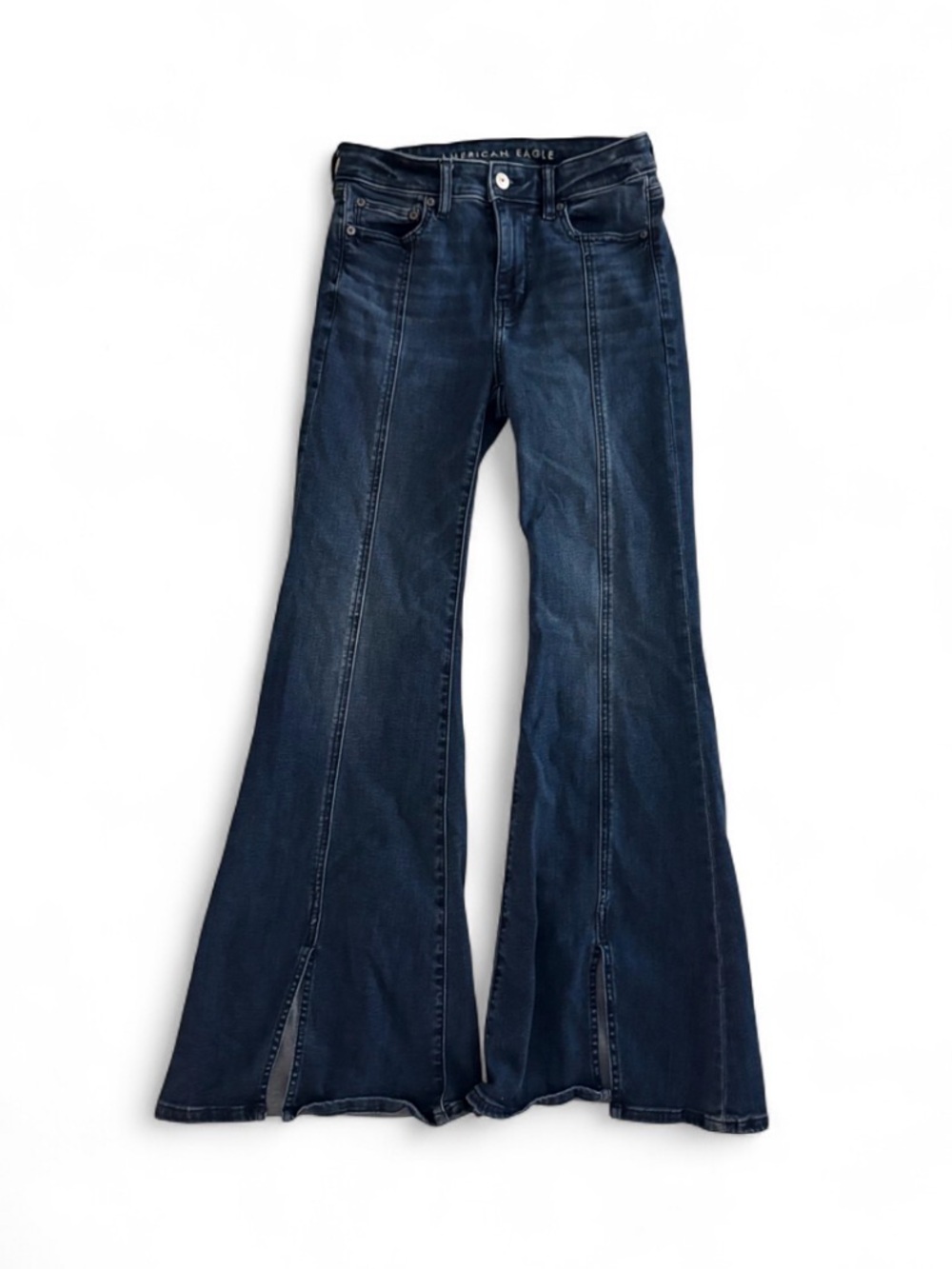 American Eagle Outfitters Dark Blue High-Rise Flared Jeans with Front Slits